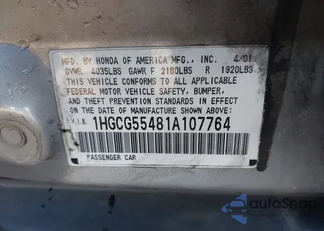 2001 Honda Accord 2.3 Lx from USA, damaged, VIN 1HGCG55481A107764